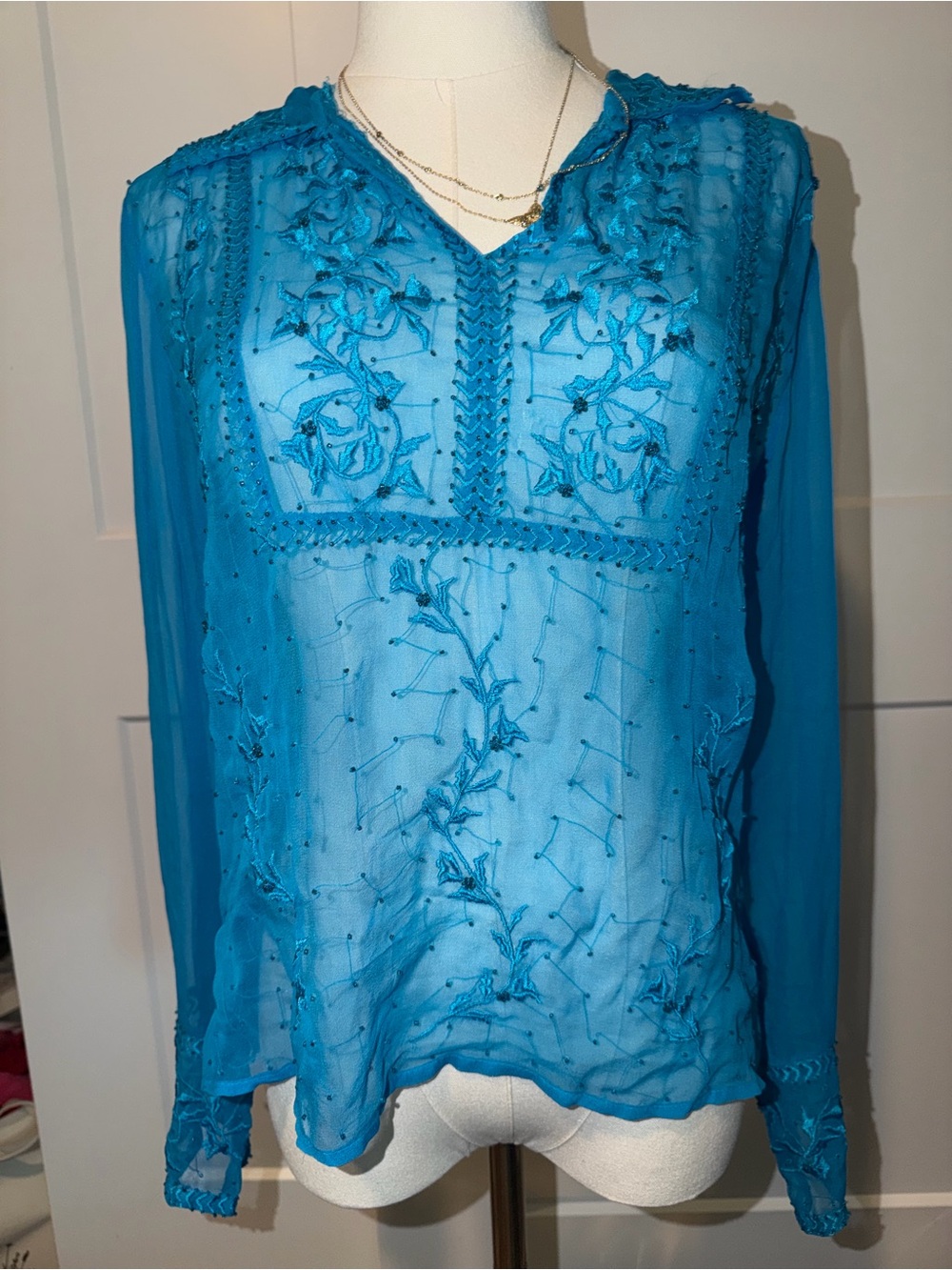 Sheer Teal Embroidered V‑Neck Blouse 100% silk